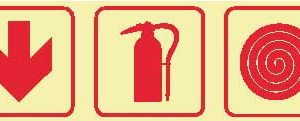 Arrow pointing Down with Fire Extinguisher and Fire Hose Reel